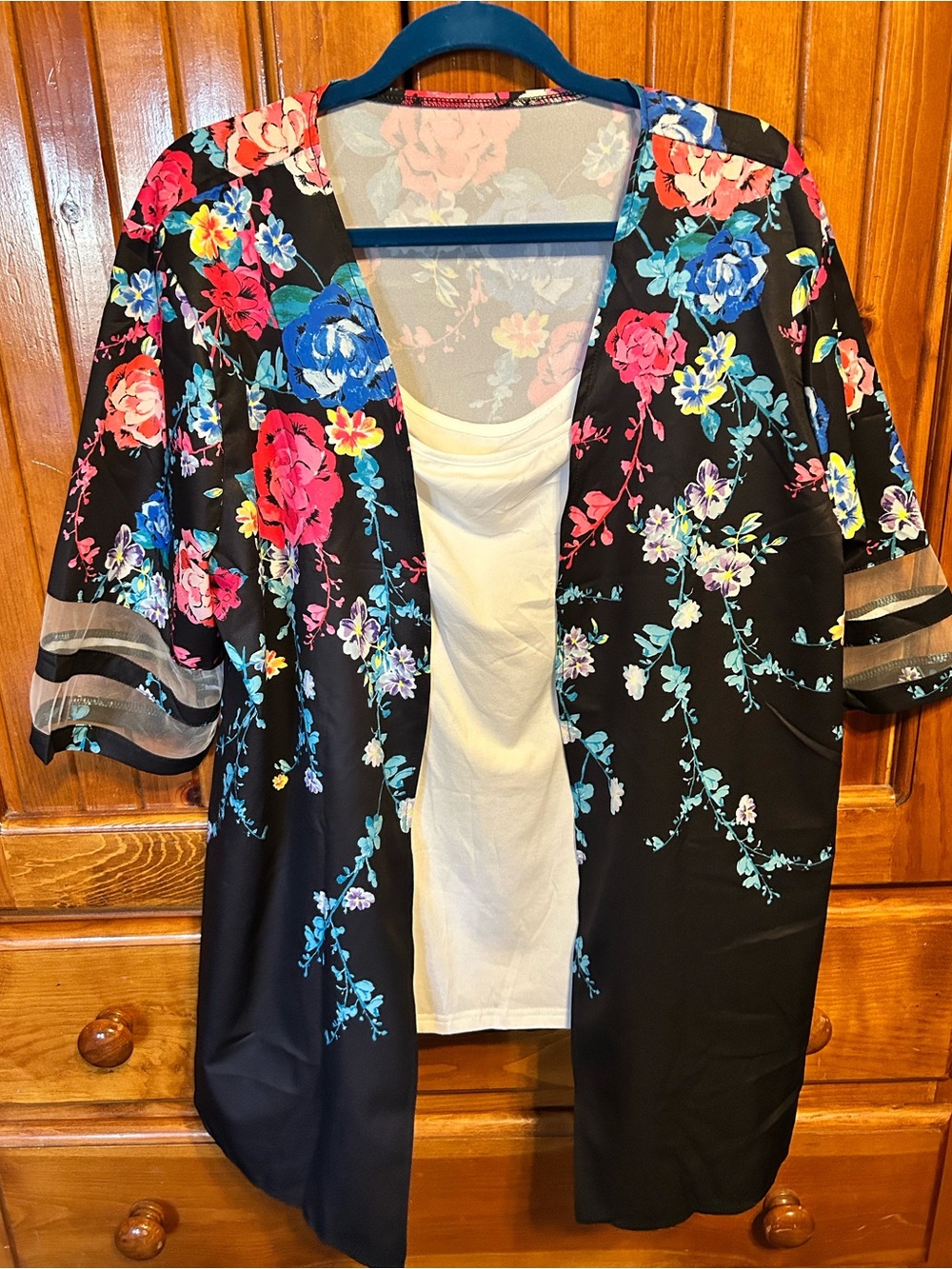 Black Floral Kimono Jacket with Pink & Blue Blooms